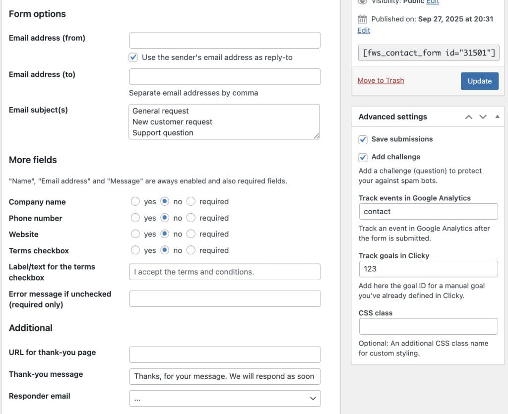 Contact form post options