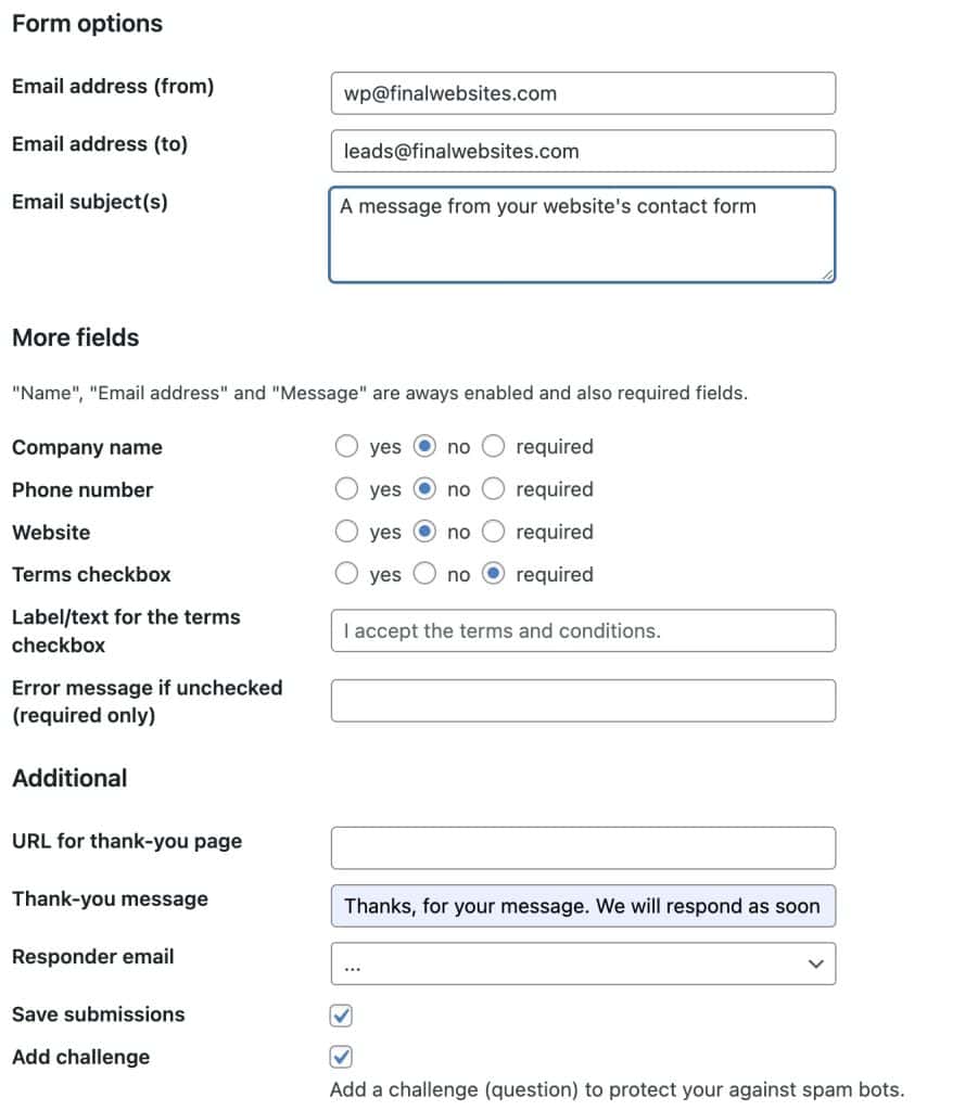Contact form post options