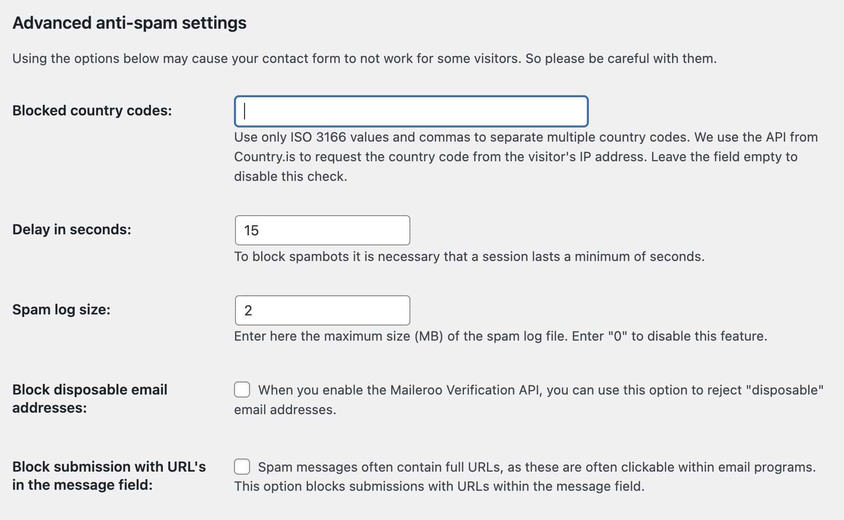 Advanced anti-spam settings