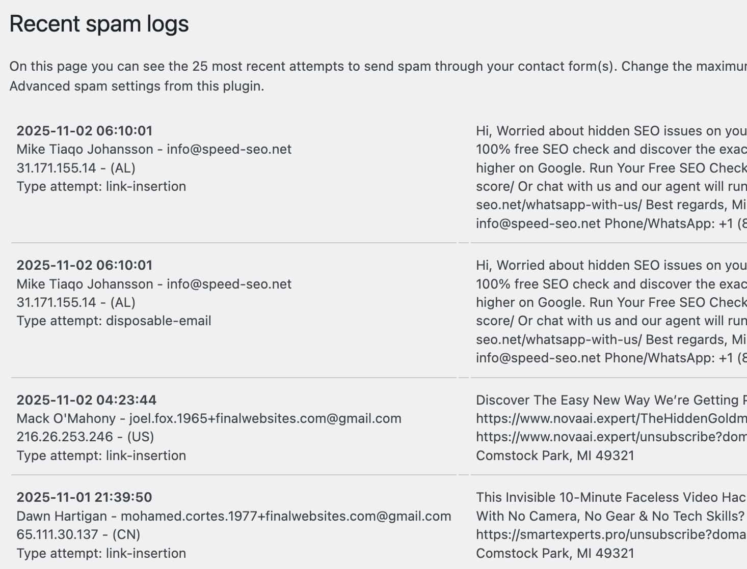 Recent spam logs