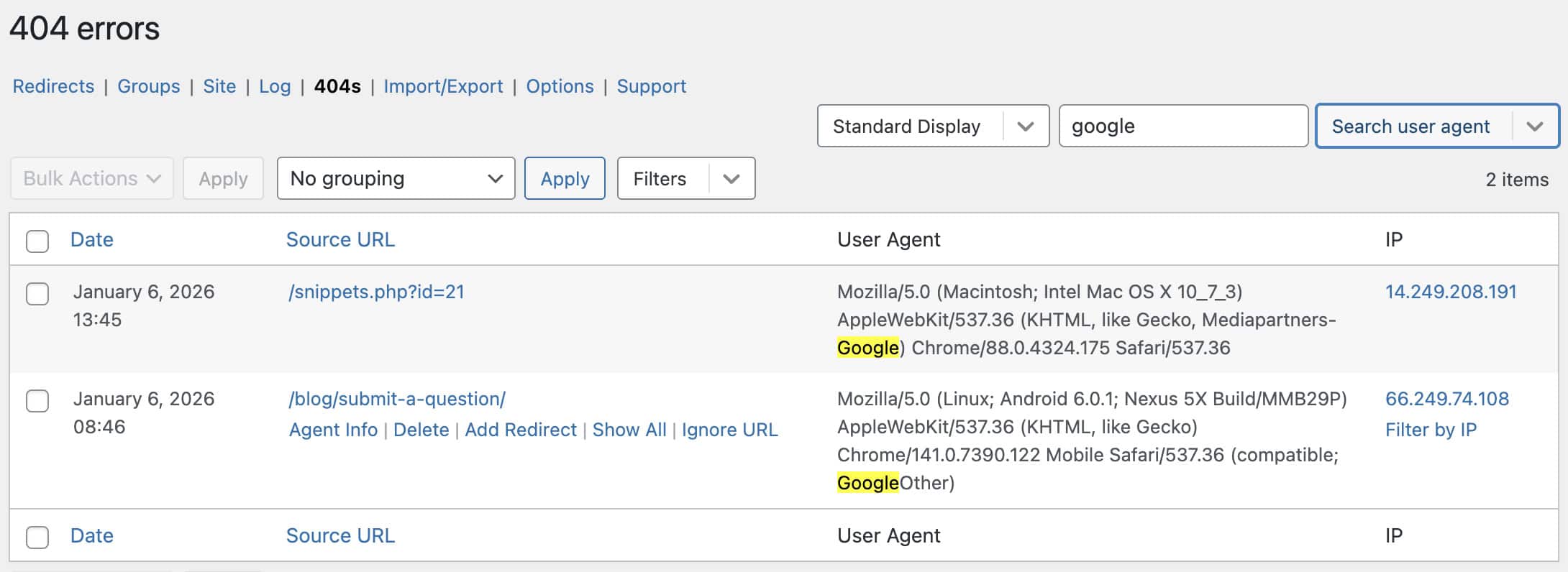 Redirection plugin - 404 error list